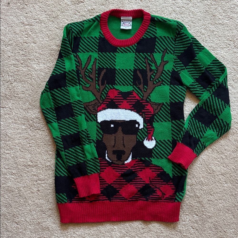 Ugly Sweater Green and Red Holiday Sweater with Reindeer